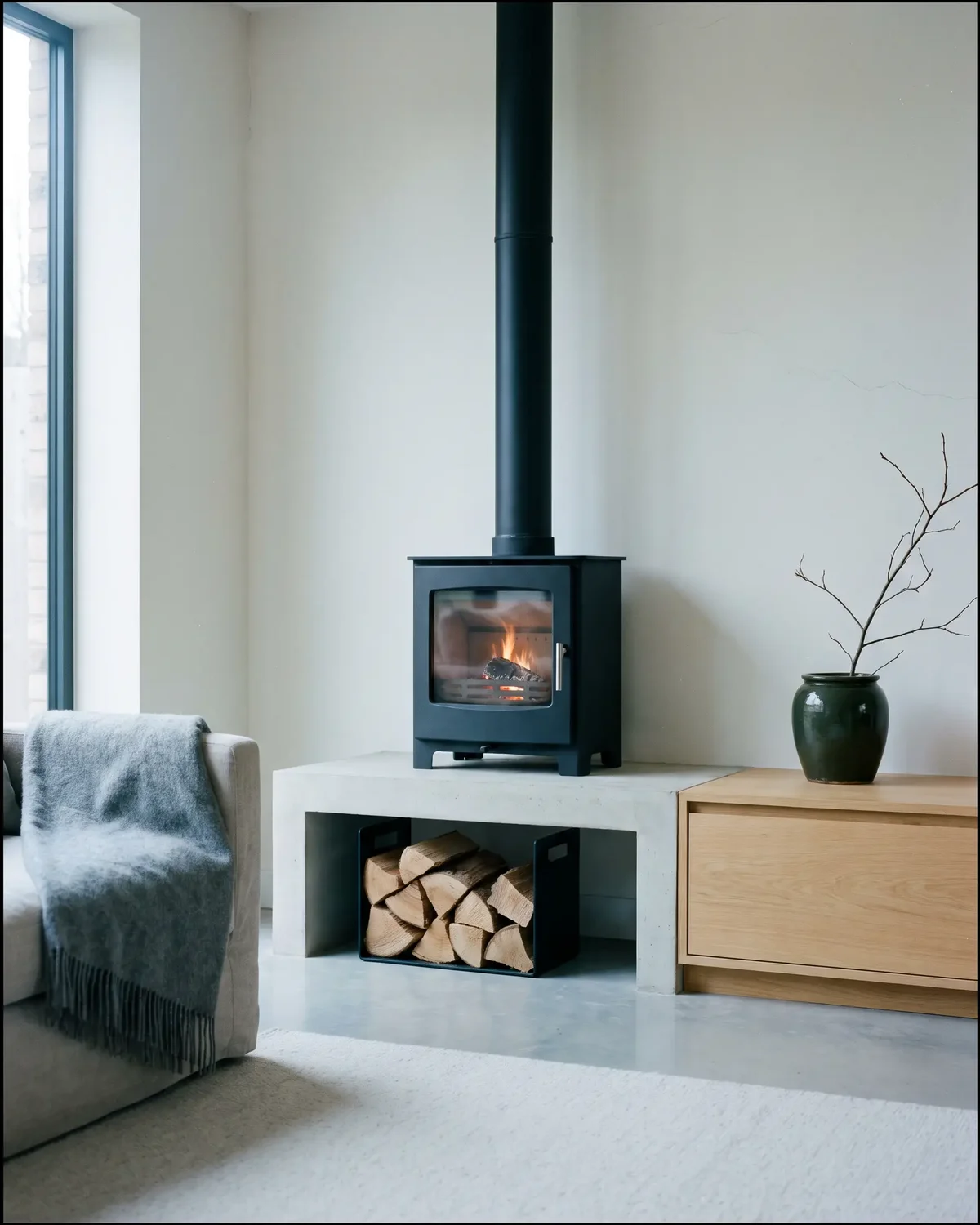 Pièce de vie chauffée par un poêle à bois en fonctionnement