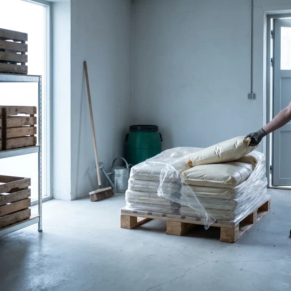 Sacs de granulés de bois sur une palette