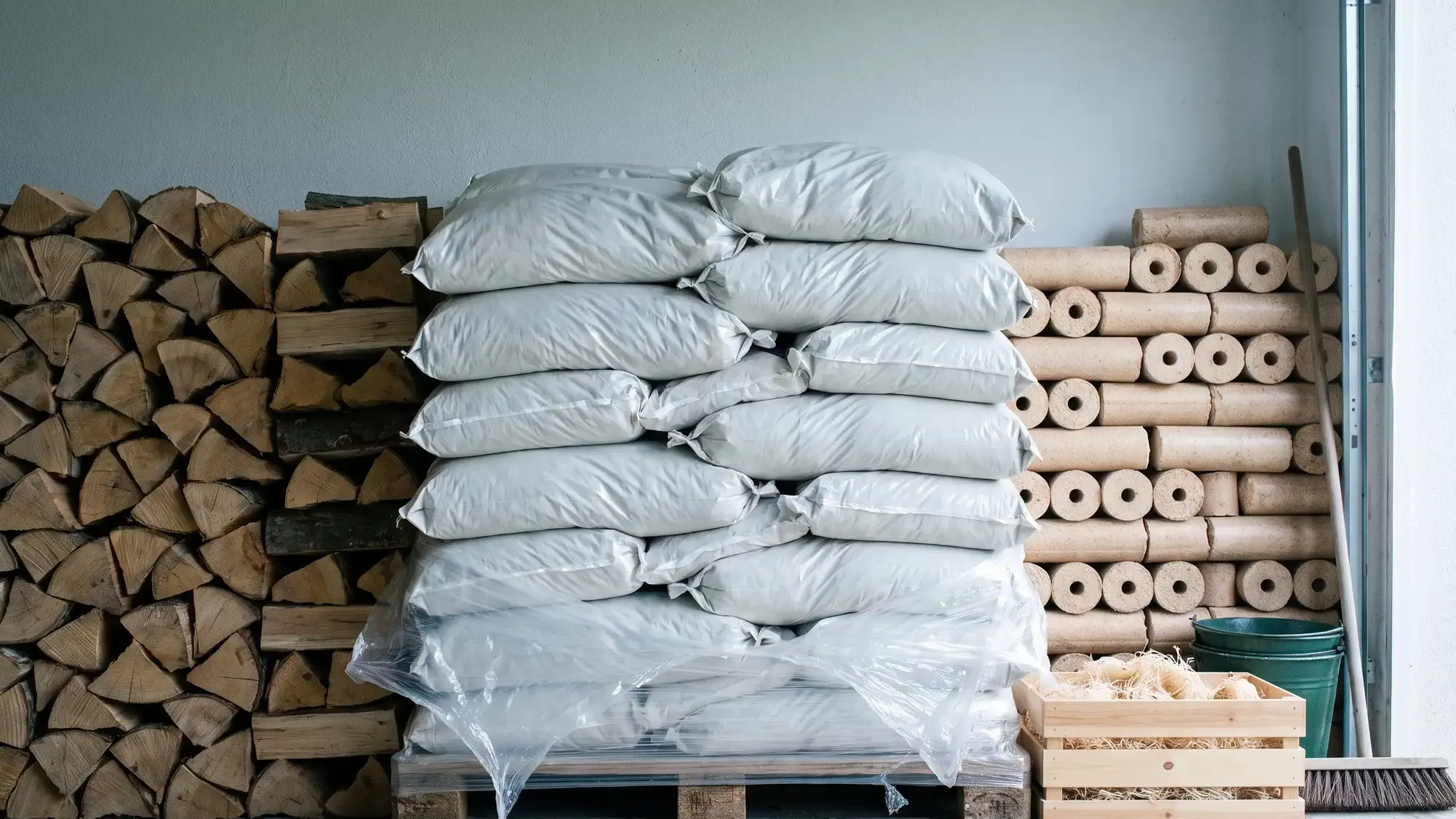 Bûches et sacs de granulés stockés sous un abri
